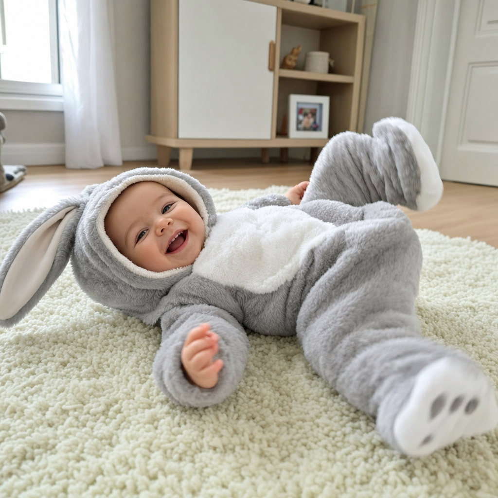 Bunny costume lifestyle - lying on rug
